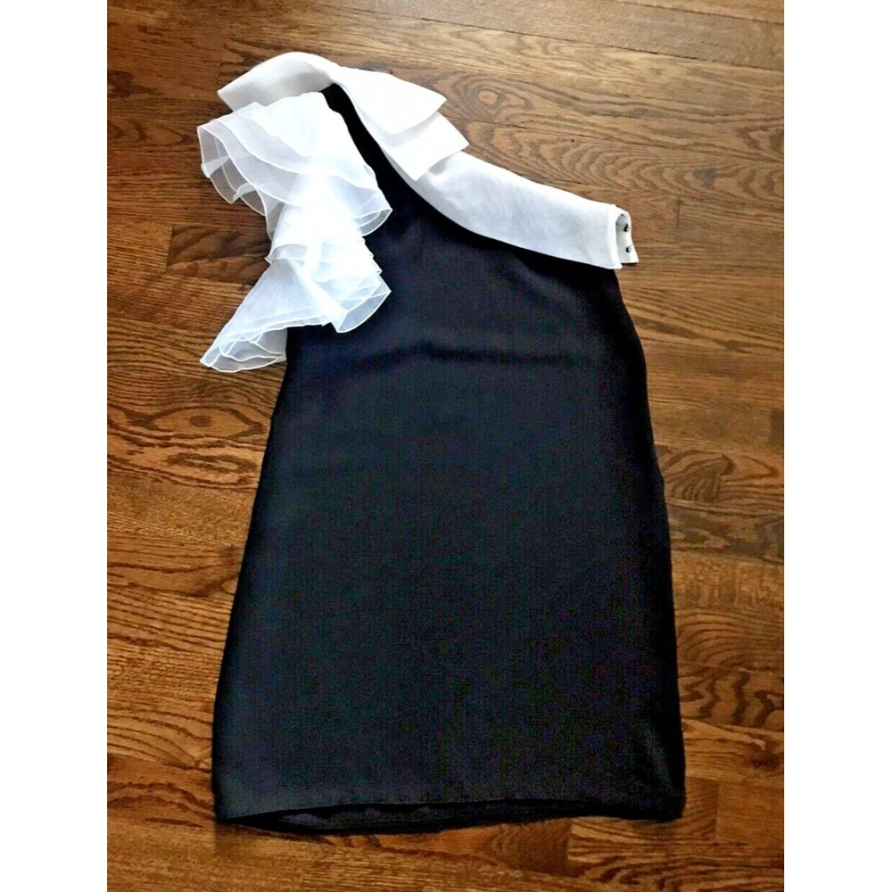 vtg 70s dress black white organza ruffle‎ one shoulder party prom mini dress XS